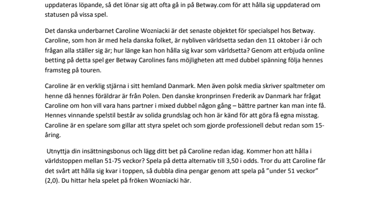 Odds på Caroline Wozniacki