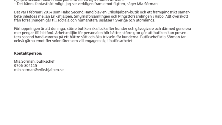 Erikshjälpen Second Hand i Habo flyttar till större lokal
