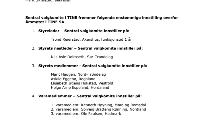 Innstilling fra sentralvalgkomite TINE SA 2017