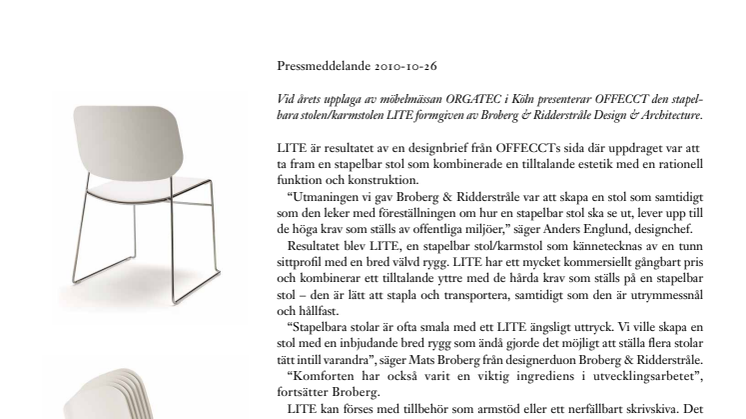 LITE – en attraktiv, innovativ och rationell stapelbar stol från OFFECCT