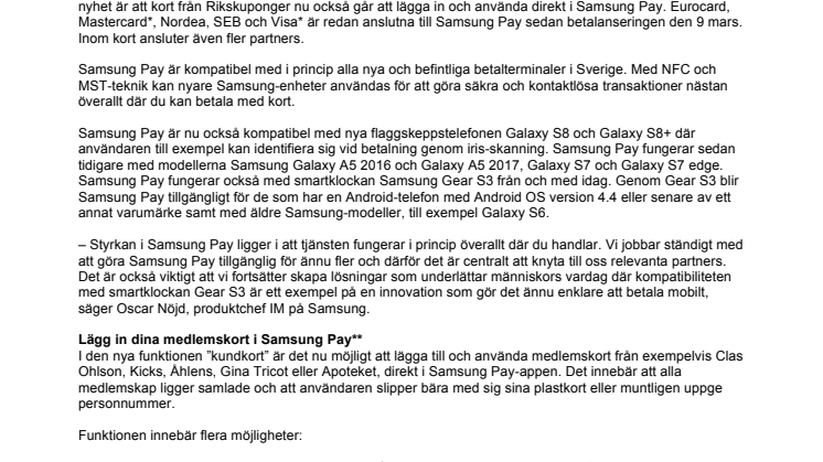 Fler kort, funktioner och mobila enheter nu kompatibla med Samsung Pay