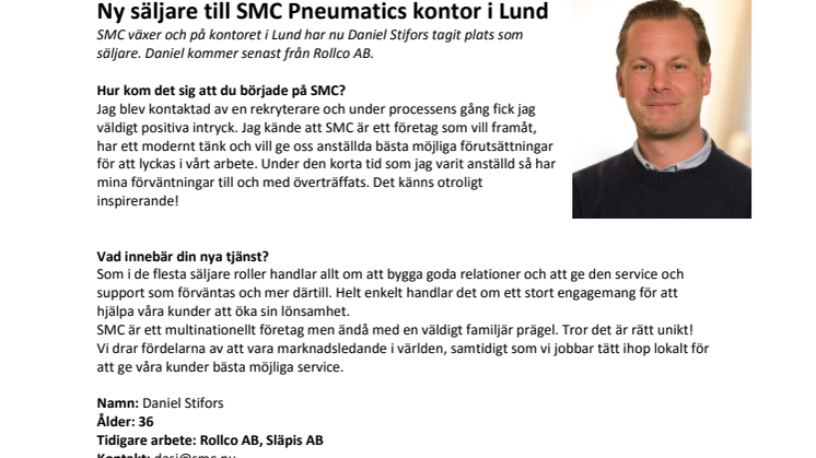 Daniel Stifors till SMC Pneumatics kontor i Lund
