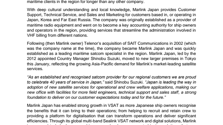 Marlink Japan celebrates 40 years as a leading maritime communications specialist 