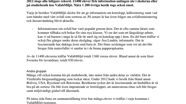 Nytt rekord - VafabMiljö träffade 11 400 elever under 2012