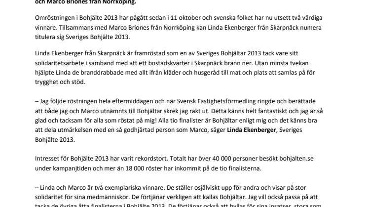 Linda från Skarpnäck är Sveriges Bohjälte 2013