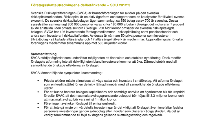 Remissyttrande Fi2012/397 Företagsskatteutredningens delbetänkande – SOU 2012:3