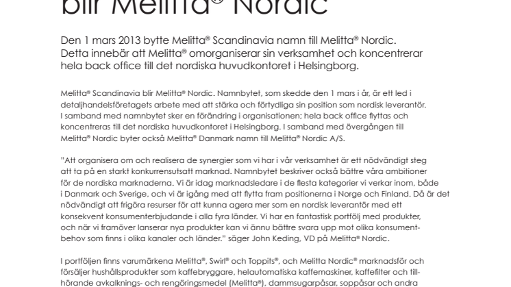 Melitta® Scandinavia blir Melitta® Nordic