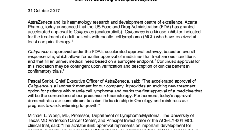FDA godkänner AstraZenecas Calquence (acalabrutinib) för vuxna patienter med tidigare behandlad mantelcellslymfom 