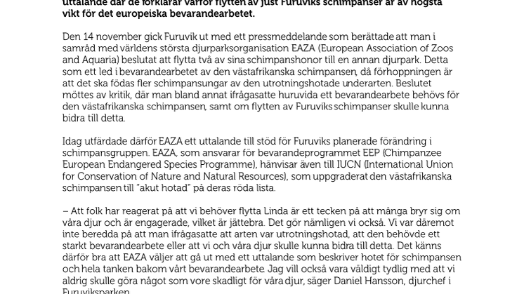 EAZA uttalar sitt fulla stöd för schimpansflytten