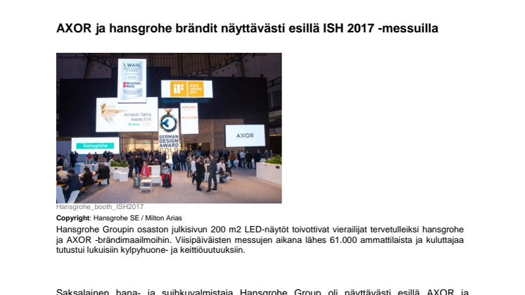 Hansgrohe Group näyttävästi esillä LVI-alan ISH 2017 -messuilla Frankfurtissa