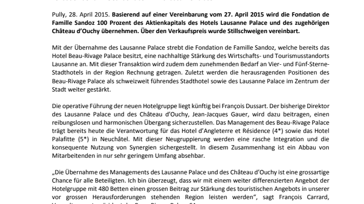 Die "Fondation de Famille Sandoz" übernimmt das Lausanne Palace 