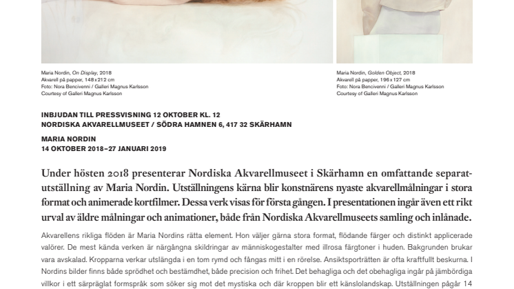Pressvisning / Maria Nordin 12 oktober kl. 12 / Nordiska Akvarellmuseet