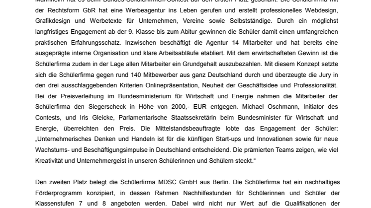 Beste Schülerfirma Deutschlands: „Die Zweitbesten“ aus Baden-Württemberg belegt den ersten Platz des Bundes-Schülerfirmen-Contest 2014
