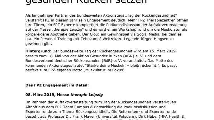 FPZ verstärkt Engagement zum Tag der Rückengesundheit: Bundesweit Impulse für einen gesunden Rücken setzen