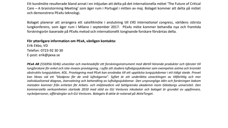 PExA AB: lägesrapport H2020 förstudien 