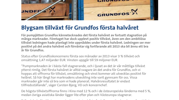 Blygsam tillväxt för Grundfos första halvåret