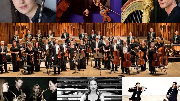 Fr. vä. uppifrån: Mathilde Calderini (©Jean-Baptiste Millot), Kungsbacka Piano Trio (©Hanya Chlala/ArenaPAL),  Xavier de Maistre (©Jean-Baptiste Millot), Academy of St Martin in the Fields (©Allan Kerr), Copenhagen  Saxophone Quartet (©Maret Solo), L