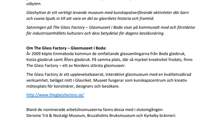 The Glass Factory – Glasmuseet i Boda är Årets Arbetslivsmuseum 2019