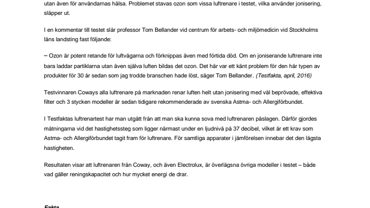 Coway 1008CH klar vinnare i Testfaktas luftrenartest