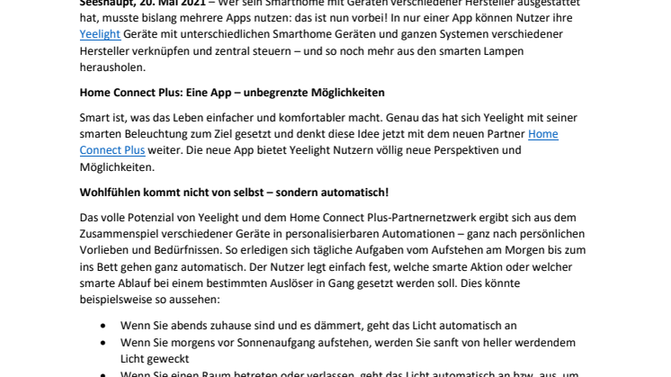 Yeelight und Home Connect Plus: Beleuchtung noch smarter - Mai 2021