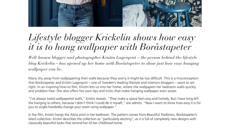 Lifestyle blogger Krickelin shows how easy it is to hang wallpaper with Boråstapeter