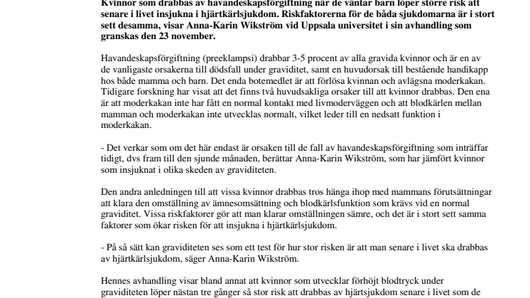 Havandeskapsförgiftning och hjärtkärlsjukdom kan hänga ihop