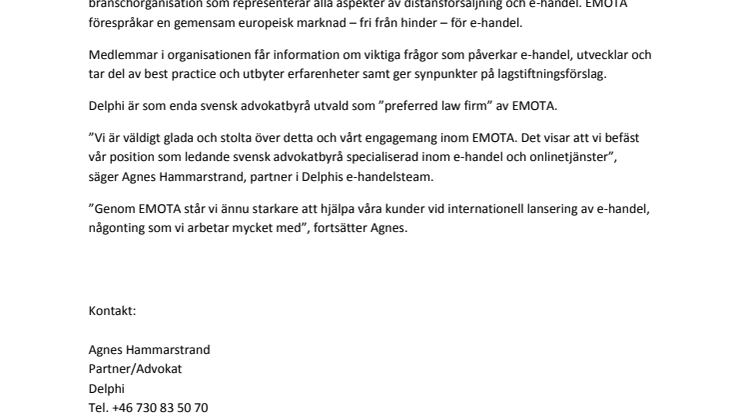 Delphi utvald som ”preferred law firm” i Sverige av branschorganisationen EMOTA