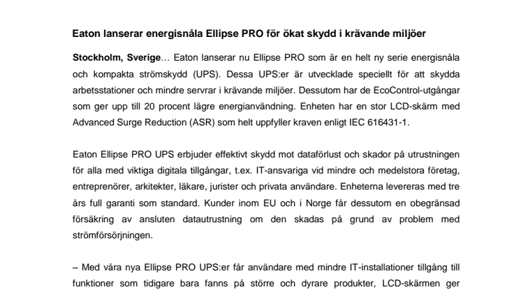 Eaton lanserar energisnåla Ellipse PRO för ökat skydd i krävande miljöer