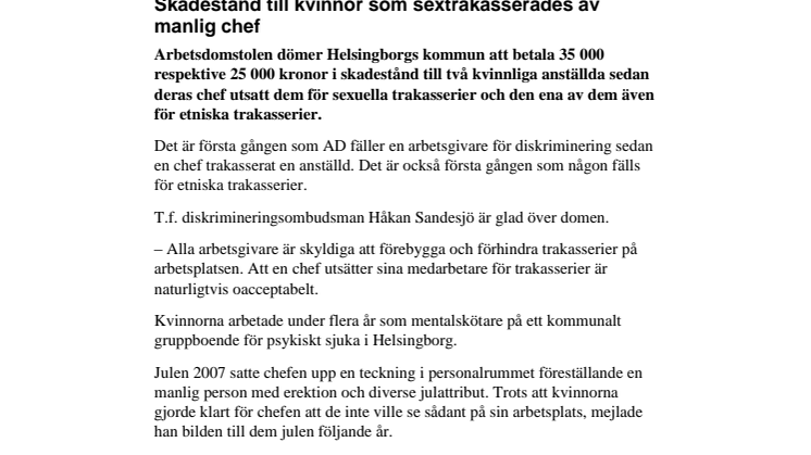 Skadestånd till kvinnor som sextrakasserades av manlig chef 