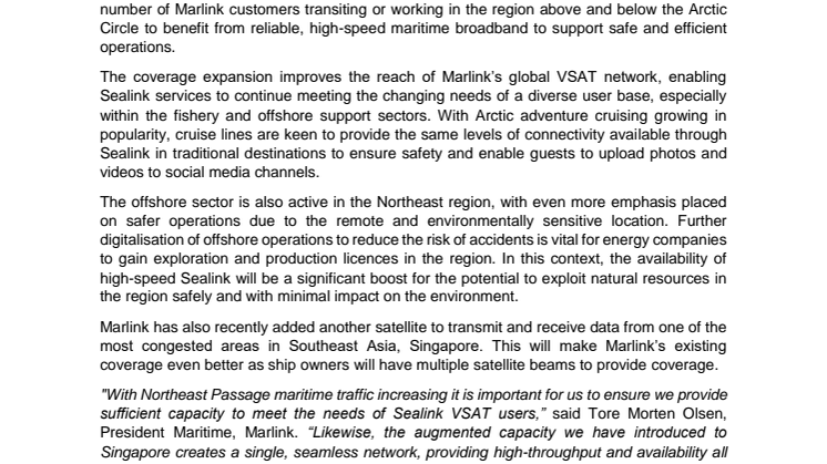 Marlink: Marlink extends global network, opens up more high-speed maritime broadband for the Northeast Passage