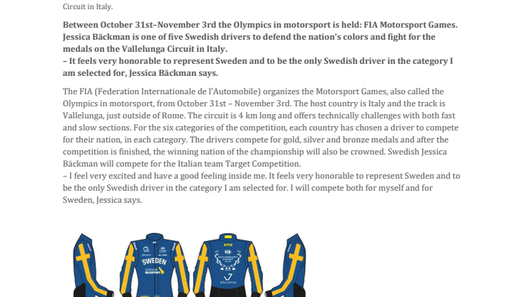 Jessica Bäckman enters Rome and FIA Motorsport Games 2019