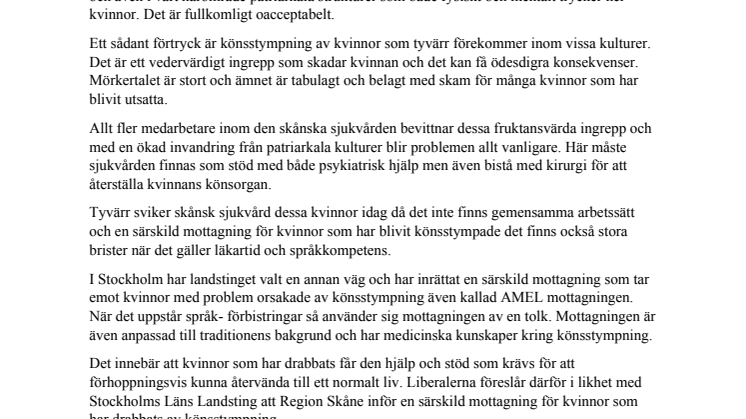 L: Skåne behöver specialmottagning för könsstympade kvinnor
