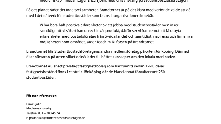 Brandtornet ny medlem i Studentbostadsföretagen