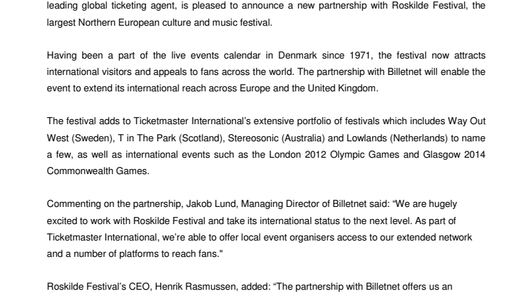 Billetnet - som ingår i Ticketmaster - blir samarbetspartner till Roskilde Festival