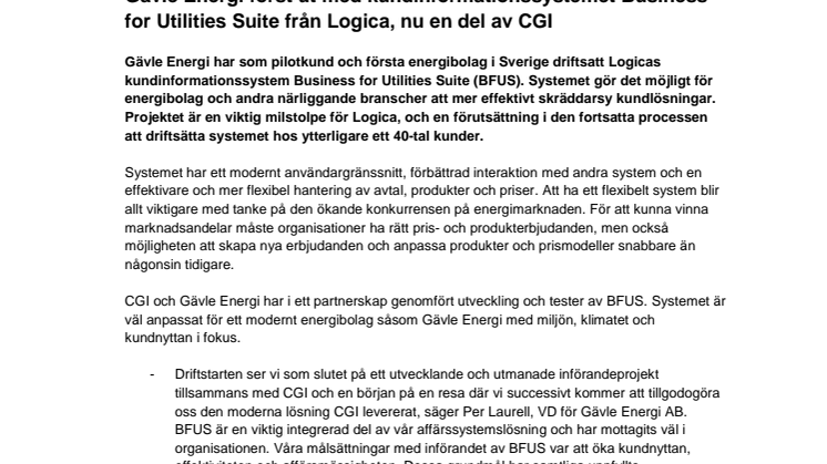 Gävle Energi först ut med kundinformationssystemet Business for Utilities Suite från Logica, nu en del av CGI