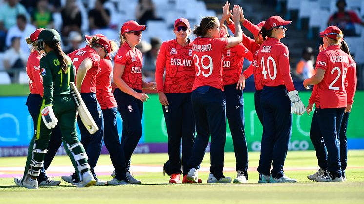 England celebrate taking one of nine wickets against Pakistan