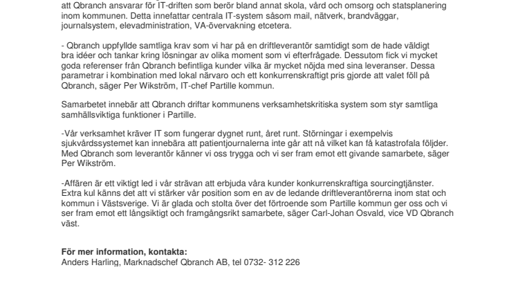 PARTILLE KOMMUN OUTSOURCAR IT-DRIFTEN TILL QBRANCH
