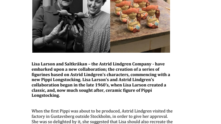 New collaborative project:  World famous ceramic designer Lisa Larson makes new Astrid Lindgren figures