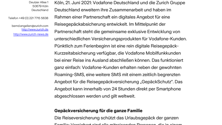 Gut unterwegs: Vodafone und Zurich vereinbaren Partnerschaft und entwickeln exklusiv eine digitale Reisegepäckversicherung 