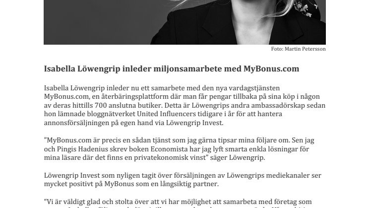 Isabella Löwengrip i miljonsamarbete med MyBonus.com