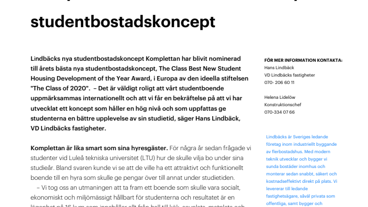 Lindbäcks Kompletta nominerad till årets bästa nya studentbostadskoncept