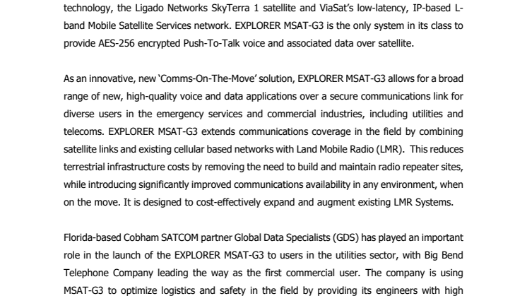 Cobham SATCOM: Cobham enables first commercial user of MSAT-G3 service 