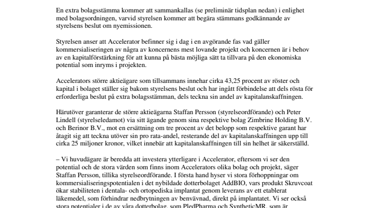 Accelerator tillförs cirka 25 miljoner kronor via fullt garanterad nyemission