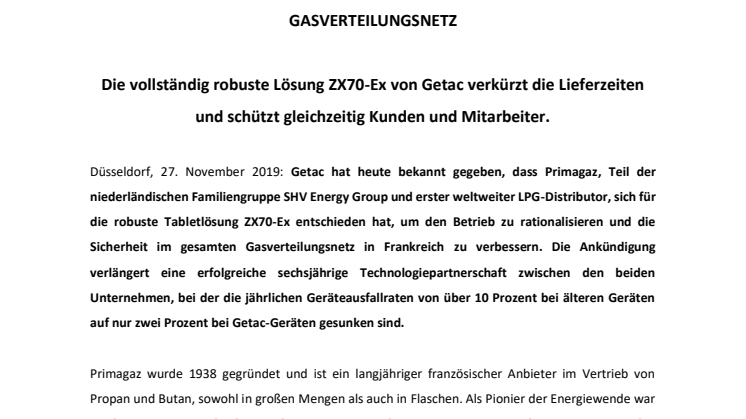 ​PRIMAGAZ, DIE FRANZÖSISCHE TOCHTERGESELLSCHAFT DER WELTWEIT FÜHRENDEN LPG-GRUPPE SHV ENERGY GROUP, ENTSCHEIDET SICH FÜR GETAC ZUR OPTIMIERUNG DES BETRIEBS IM GESAMTEN GASVERTEILUNGSNETZ