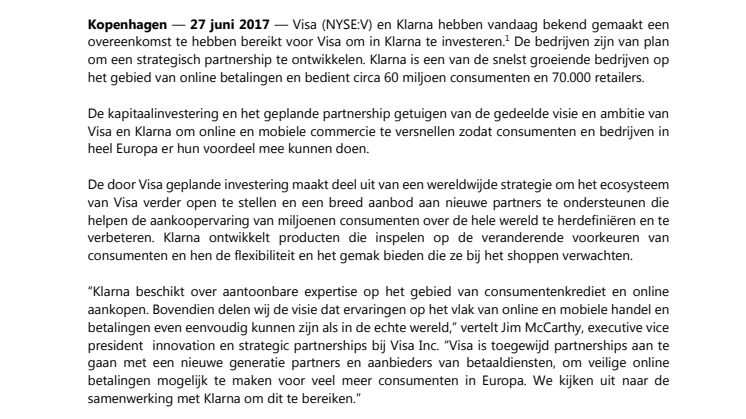 Visa kiest voor strategische investering in Klarna: beide bedrijven plannen partnership deal