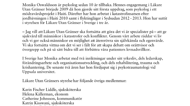 Monika Oswaldsson ny ordförande för Läkare Utan Gränser