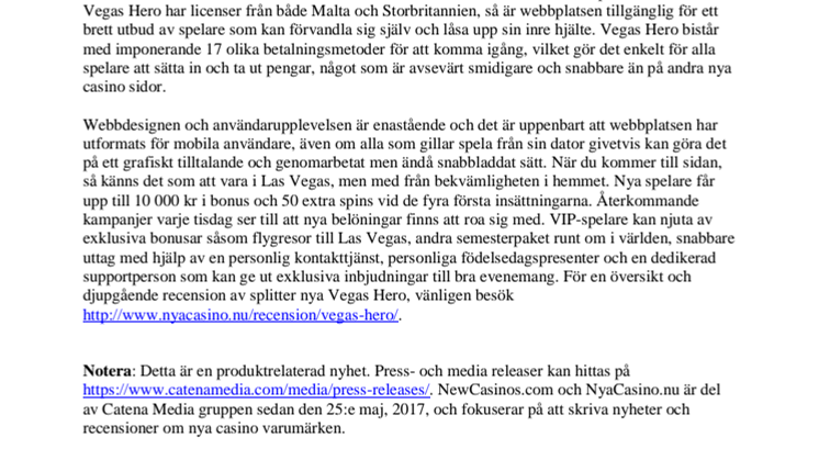 Nya Casino produktlansering: Vegas Hero går live