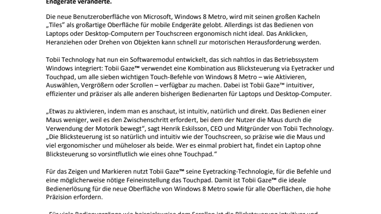 Revolution der Laptop-Bedienung: Tobii präsentiert Blicksteuerungsprodukt Tobii GazeTM für Windows 8