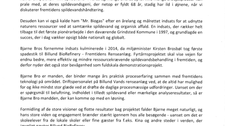 Bjarne Bro indstillet af Krüger A/S og Billund Vand A/S til Vandmiljøprisen 2015