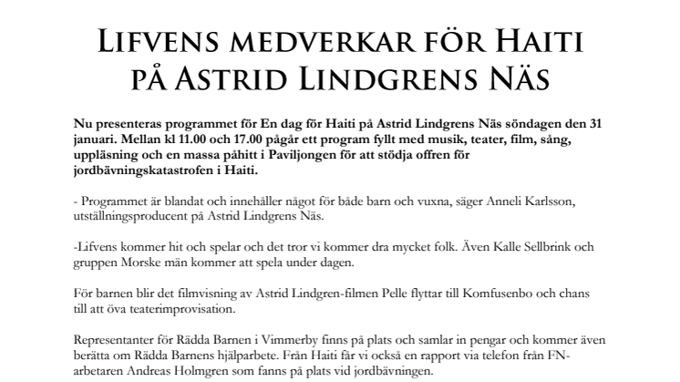 Lifvens medverkar för Haiti på Astrid Lindgrens Näs 